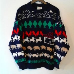 Vintage Kotare New Zealand Wool Blue Animal Knit Pullover Farmhouse Sweater XL
